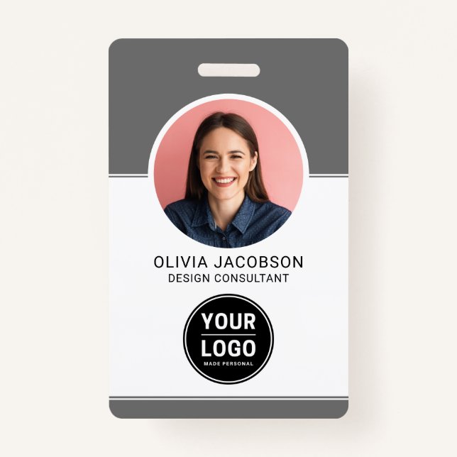 Grey Neutral Modern Company Employee Photo QR ID ID Badge (Front)
