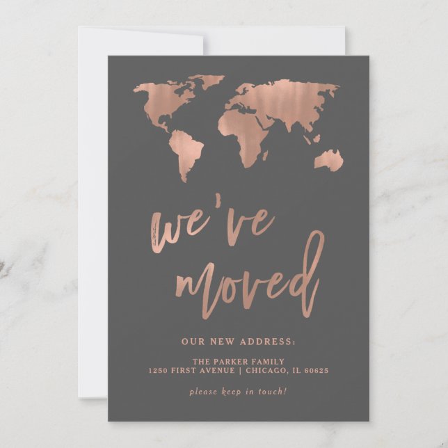 Grey New Address Announcement | Faux Rose Gold Map (Front)