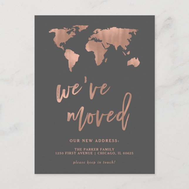 Grey New Address Announcement | Faux Rose Gold Map Postcard (Front)