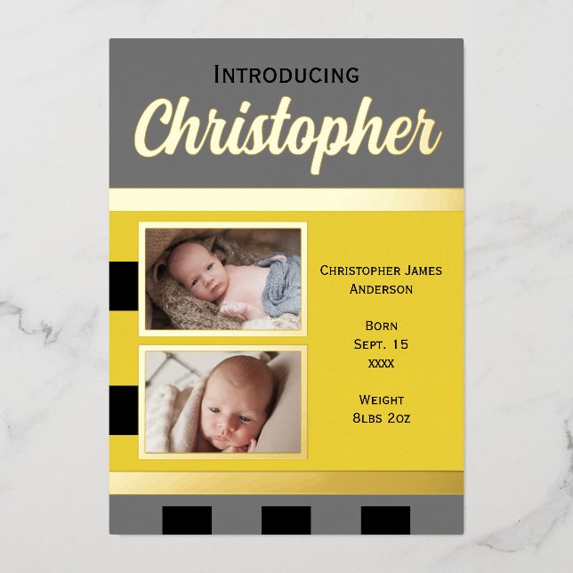 Grey new baby announcement gold foil flat card (Front)