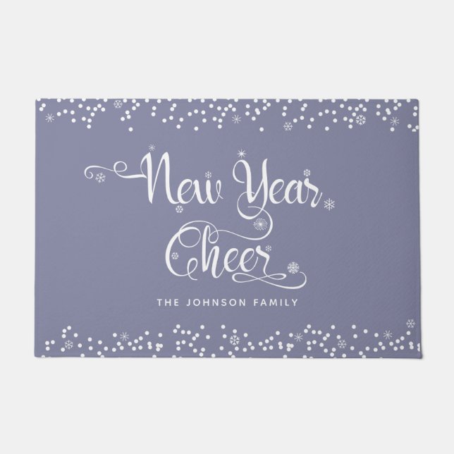 Grey New Year Cheer White Snowflakes Script Name Doormat (Front)