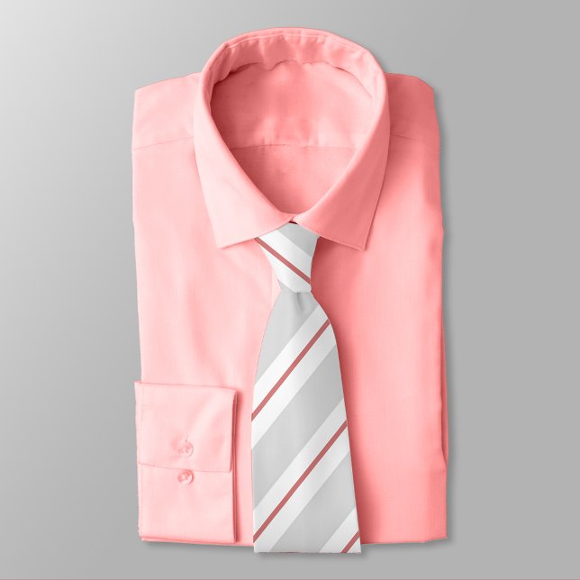 Grey, New York Pink, and White Striped Neck Tie (New York Pink, and White Striped Necktie on New York Pink Shirt)