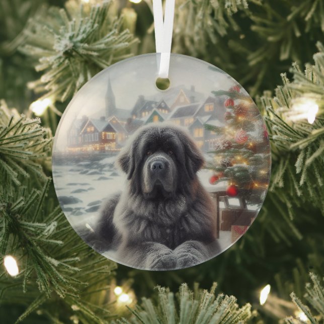 Grey Newfoundland Dog  Glass Tree Decoration (Insitu)
