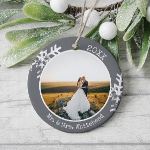 Grey Newlywed Snowflake 1st Christmas Ceramic Tree Decoration