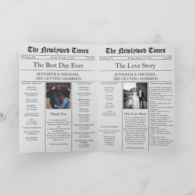 Grey Newspaper Wedding Timeline Program Story Invitation (Inside)