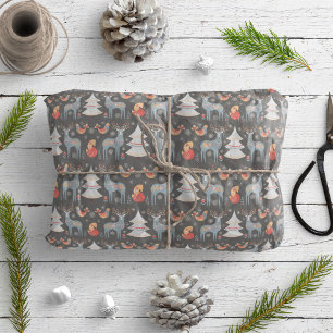 Grey Nordic Reindeer Christmas Tree Floral Holiday Wrapping Paper