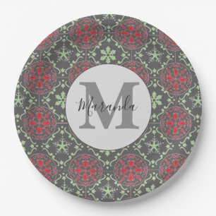 Grey Nordic Snowflake Winter Pattern Monogram Paper Plate