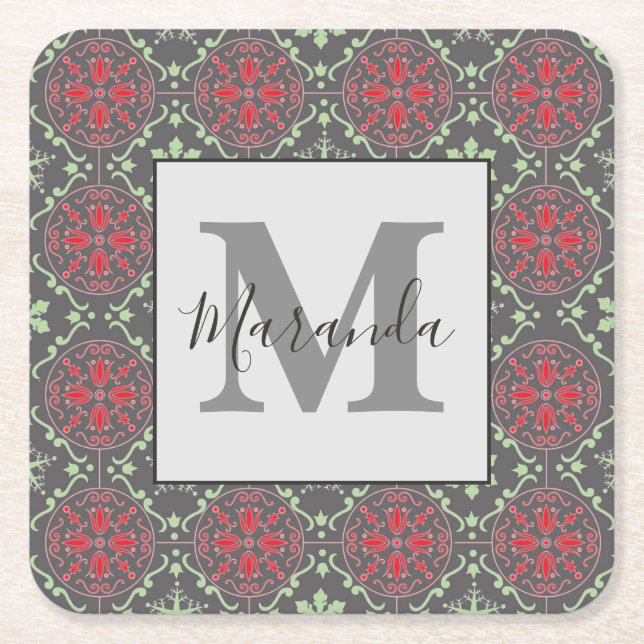 Grey Nordic Snowflake Winter Pattern Monogram Square Paper Coaster (Front)