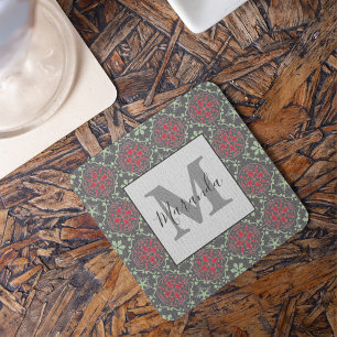 Grey Nordic Snowflake Winter Pattern Monogram Square Paper Coaster