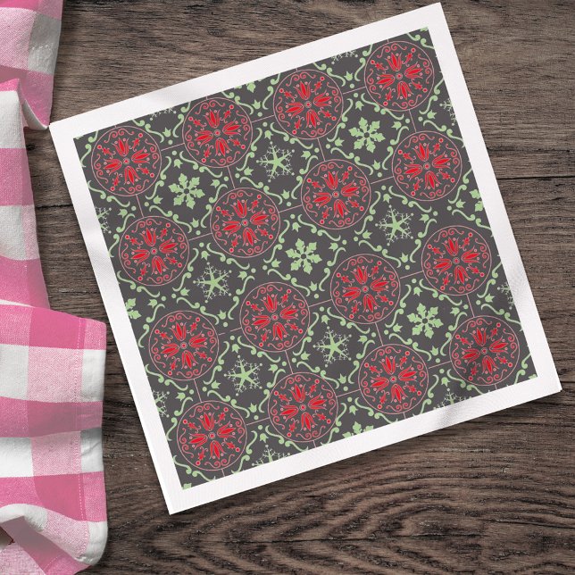 Grey Nordic Snowflake Winter Pattern Rustic Napkin (Charcoal gray Christmas snowflake pattern with red and sage accents.)