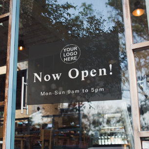 Grey Now Open l Business Hours  Opening Logo Window Cling