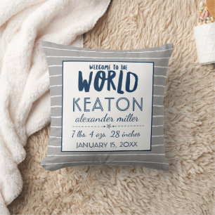 Grey Nursery Baby Boy Birth Stats Typography Cushion
