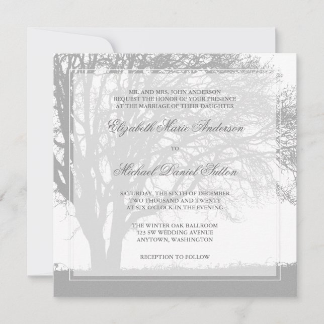 Grey Oak Tree Winter Wedding Invitation (Front)