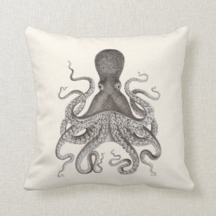 Grey Octopus Illustration on Cream Cushion