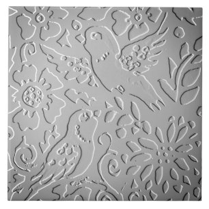 Grey Ombre Bird Woodland Embossed Floral Nature Tile
