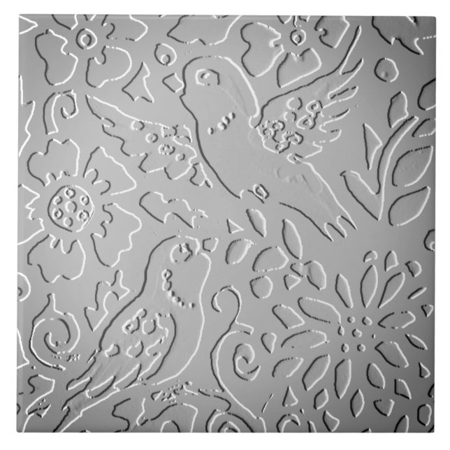 Grey Ombre Bird Woodland Embossed Floral Nature Tile (Front)