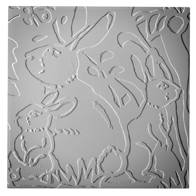 Grey Ombre Rabbit Woodland Embossed Floral Nature Tile (Front)