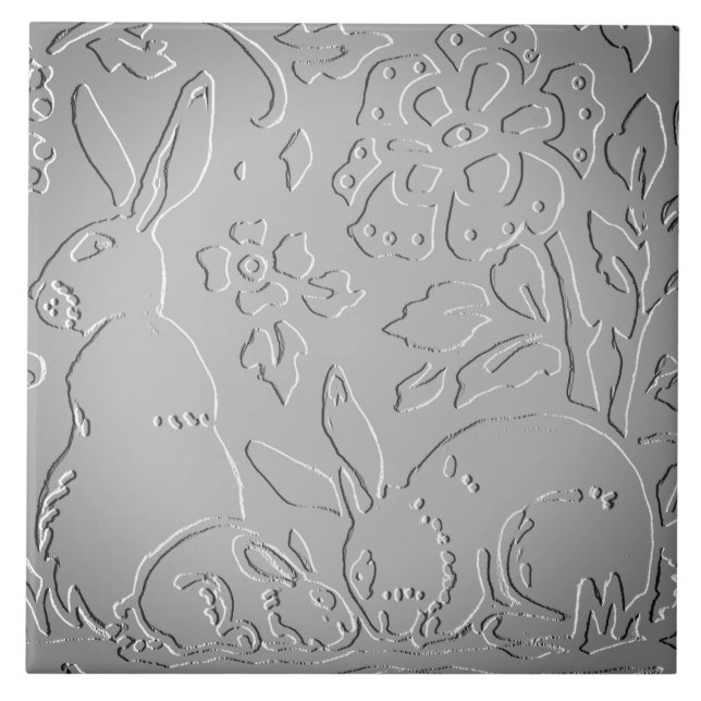 Grey Ombre Rabbit Woodland Embossed Floral Nature Tile (Front)