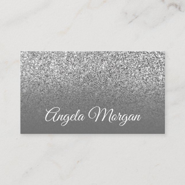 Grey Ombre Silver Glitter Photo Business Card (Front)