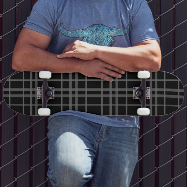 Grey On Black Tartan Plaid Pattern Design  Skateboard (Creator Uploaded)