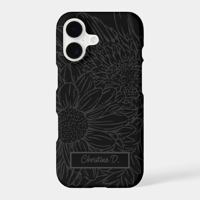 Grey on Black with Name and Chrysanthemums (Back)