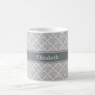 Grey on Grey Damask #3 Charcoal Name Monogram Coffee Mug