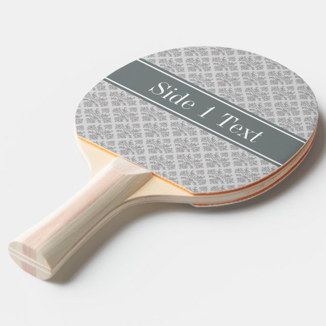 Grey on Grey Damask #3 Charcoal Name Monogram Ping Pong Paddle (Front Angle)