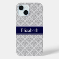 Grey on Grey Damask #3 Navy Blue Name Monogram