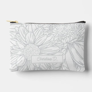 Grey on White Chrysanthemums with Name Accessory Pouch