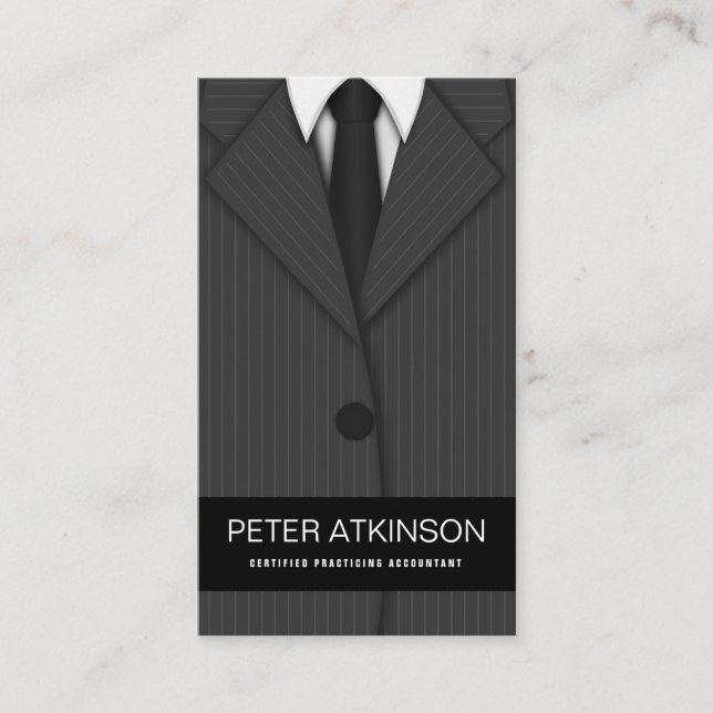 Grey or Grey Pinstripe Suit Vertical Accountant Business Card (Front)