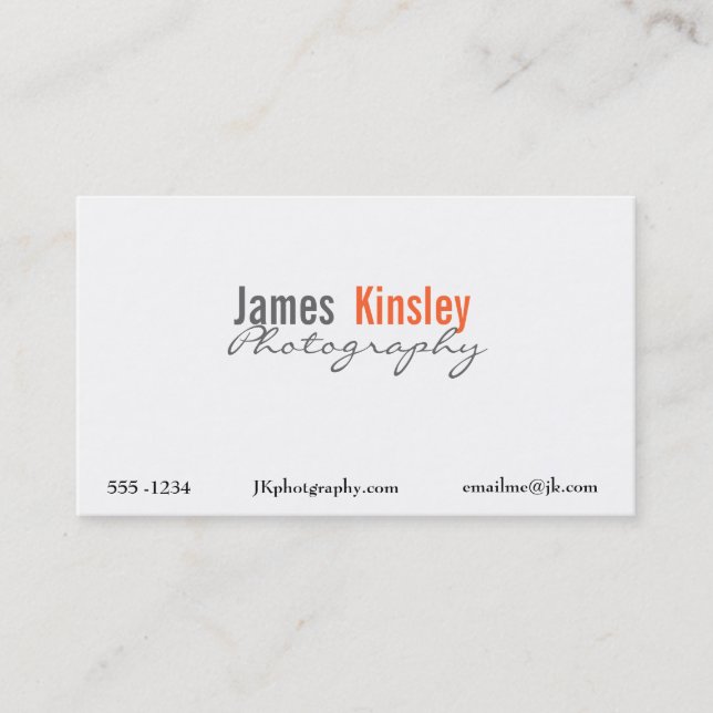 Grey, Orange and white photographer business card (Front)