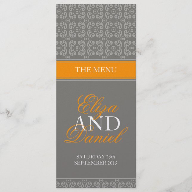 Grey & orange banded wedding dinner menu (Front)