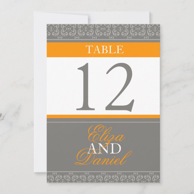 Grey & orange banded wedding table numbers (Front)