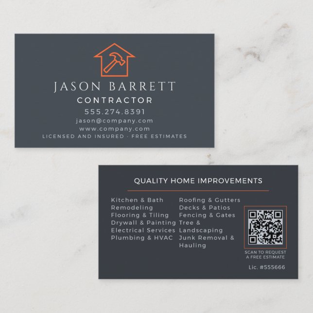 Grey Orange Construction Roofing Handyman QR Code Business Card (Front/Back)