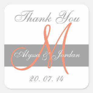 Grey Orange Monogram Names Wedding Favour Label