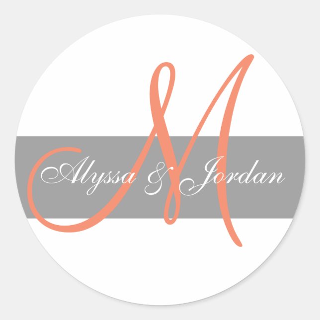 Grey Orange Monogram Names Wedding Favour Sticker (Front)