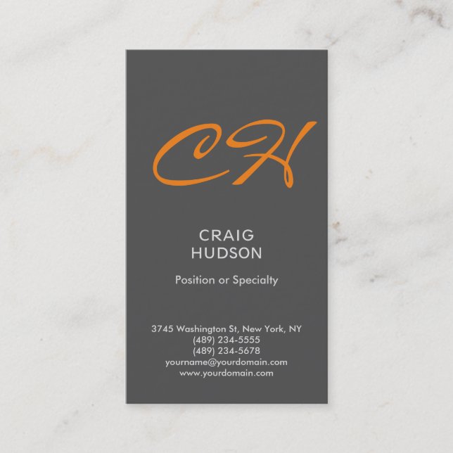 Grey Orange Monogram Professional Business Card (Front)