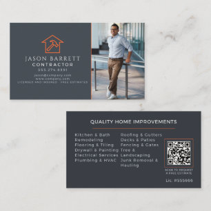 Grey Orange Roofing Construction Photo QR Business Card