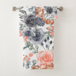 Grey orange trendy floral bath towel set