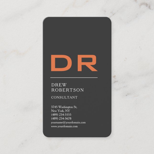 Grey Orange Trendy Monogram Professional Business Card (Front)