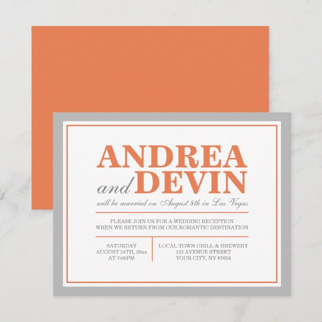 Grey & Orange Wedding Reception ONLY Invitations (Front/Back)