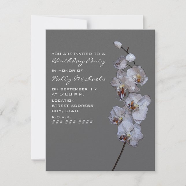 Grey Orchids Birthday Party Invitation (Front)
