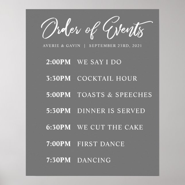 Grey Order of Events Wedding Day Schedule Poster (Front)