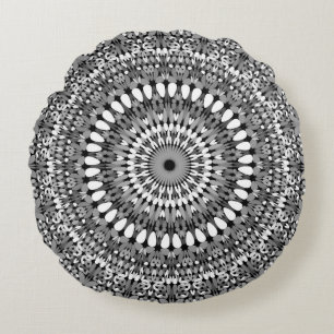 Grey Ornate Gravel Mandala Round Cushion