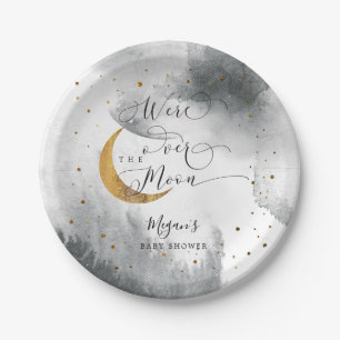 Grey Over the Moon Gold Stars Baby Shower  Paper Plate