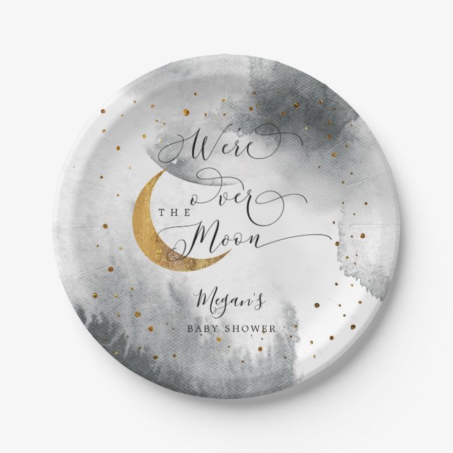 Grey Over the Moon Gold Stars Baby Shower  Paper Plate (Front)