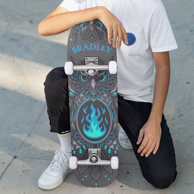 Grey Owl Cool Modern Custom Personalised Name Skateboard (Creator Uploaded)