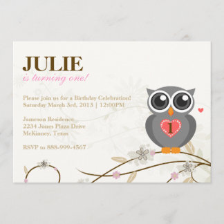 Grey Owl First Birthday Party Invitation