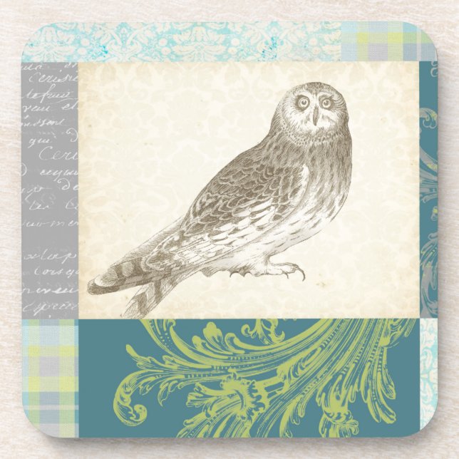 Grey Owl on Pattern Background Coaster (Front)