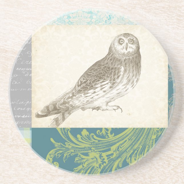 Grey Owl on Pattern Background Coaster (Front)
